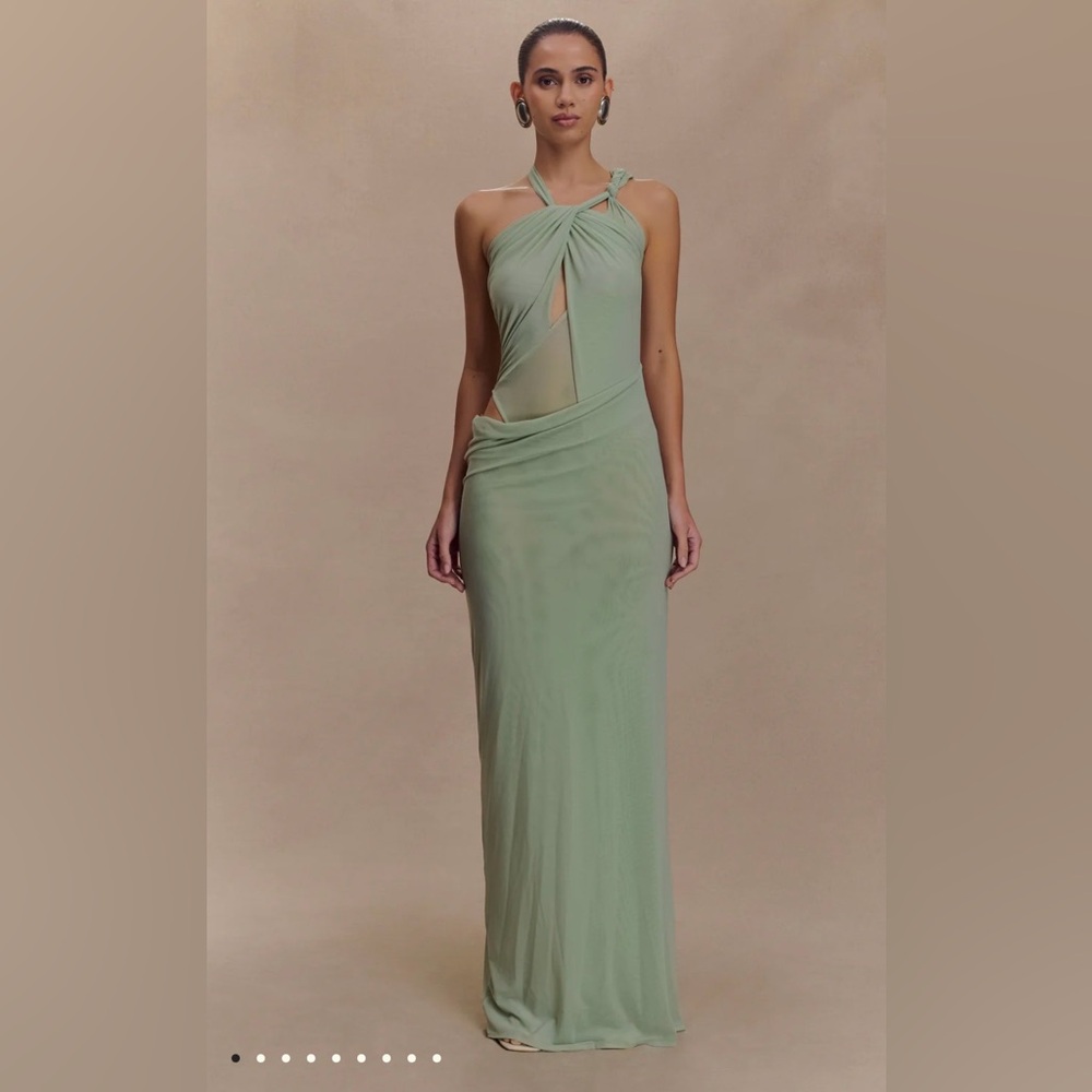 Meshki Sage Green Twist-Halter Maxi Dress with Side Cutout